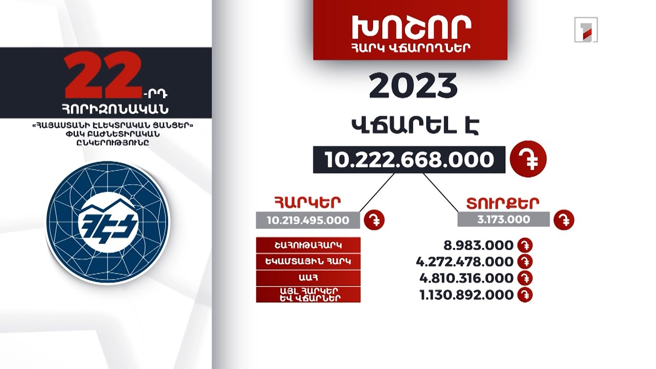 «Հայաստանի էլեկտրական ցանցեր» ընկերությունը 2023-ին 10 մլրդ 222 մլն դրամի հարկ ու տուրք է վճարել