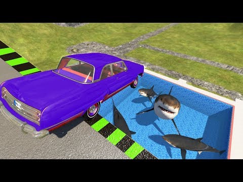 Beamng drive - Cars Jumping into Shark Pool
