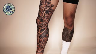 The Snake and Peonies flower tattoo art - Freehand by artist Trung Tadashi