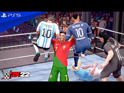 WWE 2K22 - Ronaldo vs Messi vs Neymar vs Mbappe vs Haaland vs Zlatan - Elimination Chamber Match