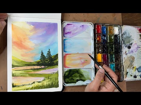 Watercolor Journal Day 83 (Pastel SKy Landscape)