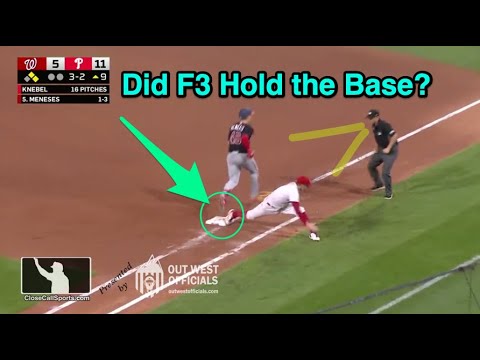 Rhys Hoskins Can't Hold the Base on Wide Throw as Umpire Tripp Gibson's position adjustment is key