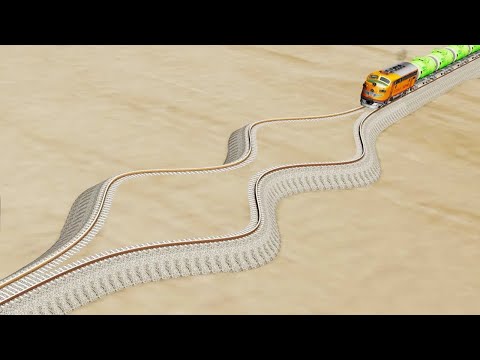 Impossible Wide Splitting Rail Wave Tracks Vs Trains Crossing Giant Pit - BeamNG.Drive