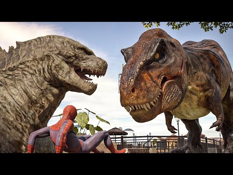 T-Rex Attacks Spiderman. Godzilla comes to Rescue (Remastered)