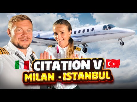 Business jet pilot day in life. Cessna Citation Ultra crew on flight Milano - Istanbul.