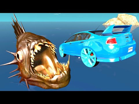 Jumping Cars into the Giant Piranha's Mouth - BeamNG.Drive