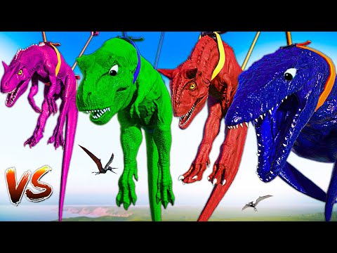 Colorful T-REX Team Vs Iguanodon & Spinosaurus Godzilla Jurassic World Evolution 2 Dinosaurs Fights