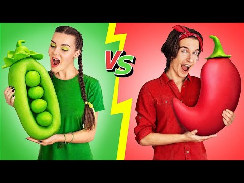 Eating Only One Color Food for 24 Hours! / Red Vs Green Food Eating Challenge Video
