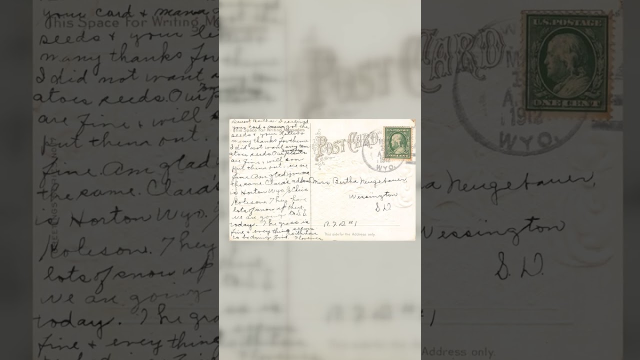 Tender Greetings Postcard, Divided Back, Wyoming to SD, 1910 Video