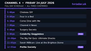 CH4 TV Guide Tonight: Channel 4 Schedule for Friday 24 July 2026 (Full Listings, What's On & Times)