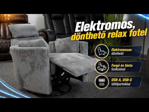 Elektromos, dönthető relax fotel, forgó és hinta funkcióval, barna kordbársony szövet - Videó