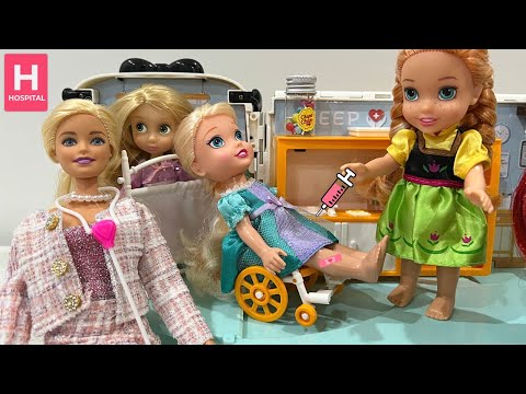 Sick toddlers go for a check up! Elsa & Anna at the Hospital with Rapunzel - Doctor Barbie Ambulance