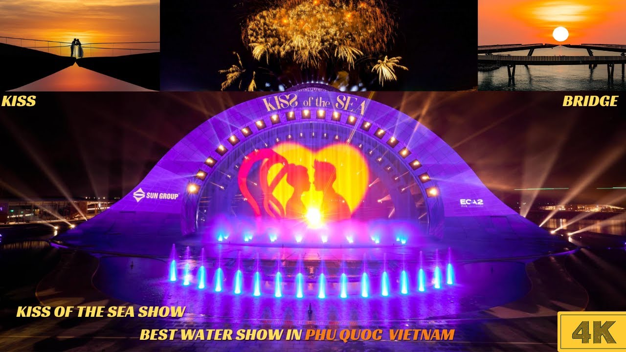 Explore the magical Kiss Bridge show with lights, music, and ocean backdrop