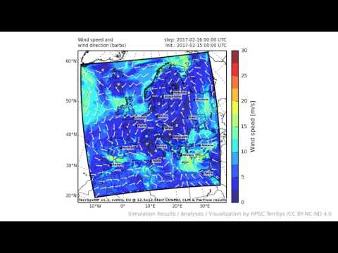 TerrSysMP monitoring run 2017-02-15 - wind speed - Europe (72h)