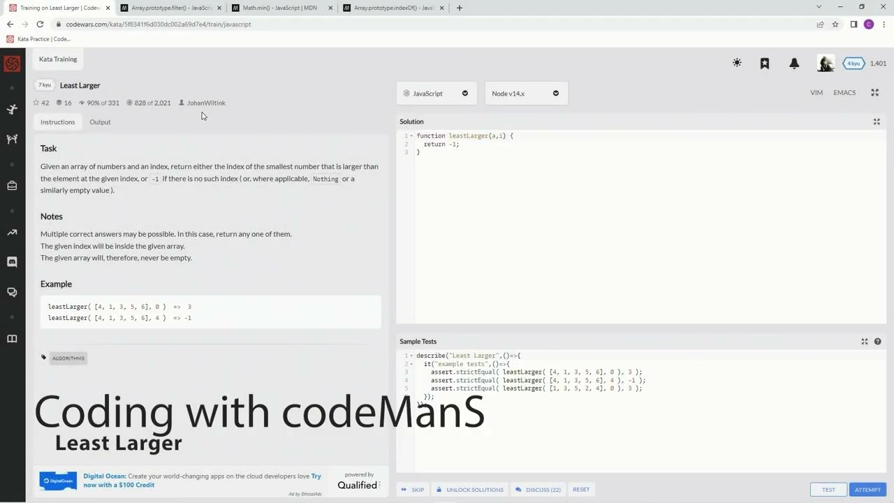Codewars 7 kyu Least Larger Javascript