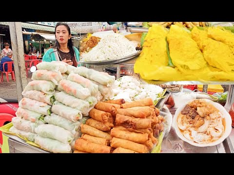 Most Famous Place For Spring Rolls, Yellow Pancake, Noodles & Porridge | Cambodian Street Food