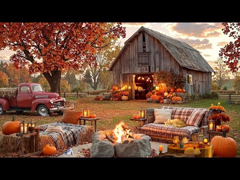 Autumn Pumpkin Farm Ambience – Cozy Fire Crackling, Autumn Foliage🍂 Relaxing Calm Fall Music