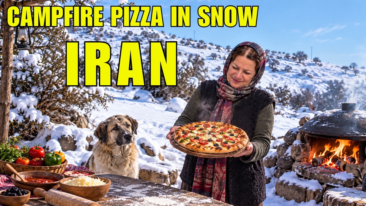 CAMPFIRE PIZZA in the SNOW 🇮🇷❄️ | Cooking in the Iranian Mountains