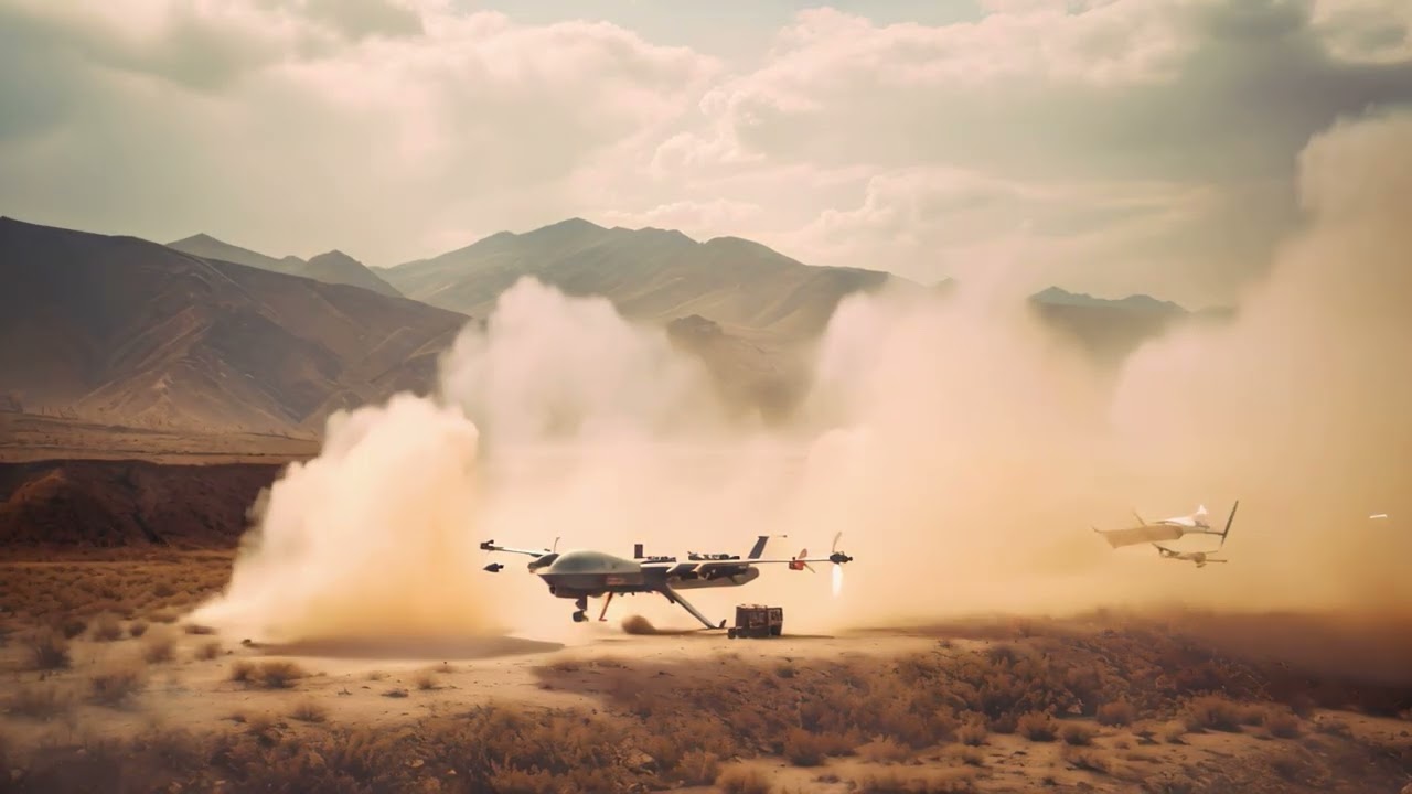 Drone flying in the desert. 3D Rendered illustration. Military combat UAV drone launching missiles,