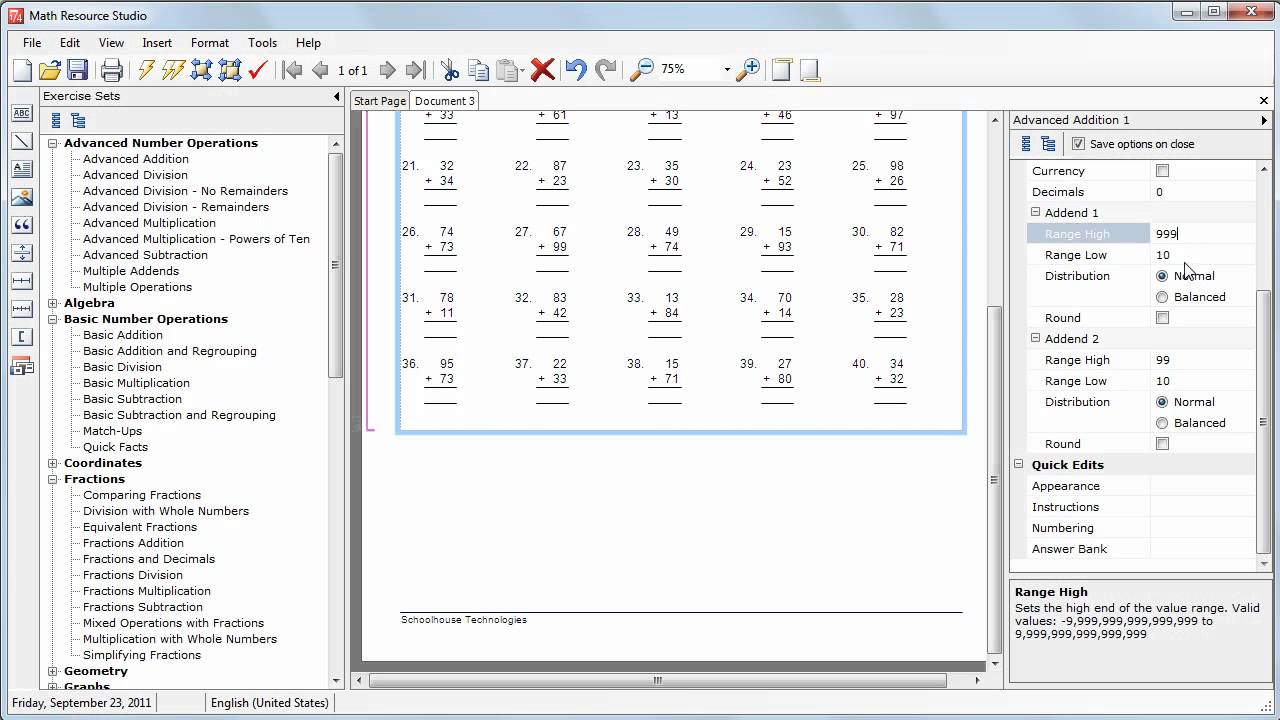 Math Resource Studio 4: Addition Worksheet