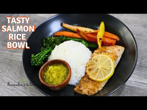 Rice Bowl with Lemon Herb Garlic Salmon,Candied Carrots,grilled Broccolini