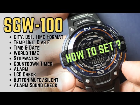 Casio SGW-100 Tutorial: How To Set Time Date Alarm Timer LCD Alarm Check Mute) #1 Manual
