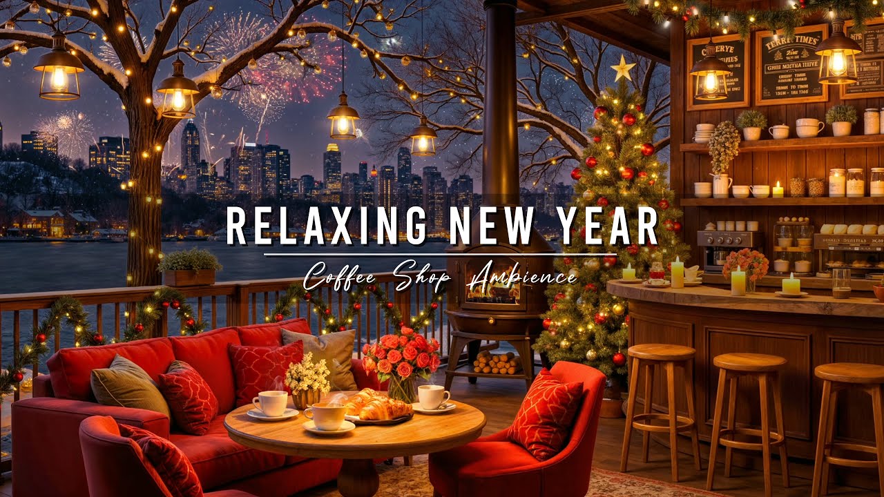 New Year's Eve Ambience 🎉 Cozy Winter Coffee Shop with Relaxing Jazz Instrumental Music & Fireworks