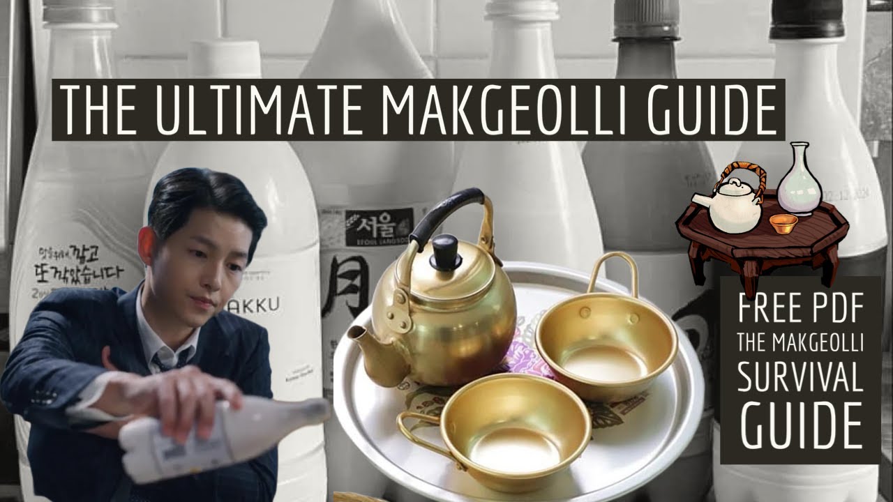 A traditional Korean ceramic bowl filled with cloudy white makgeolli rice wine next to a green bottle of Korean makgeolli on a wooden table
