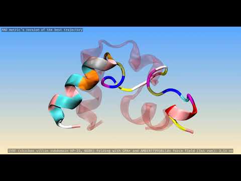 Villin (1YRF) folding with GPA* and AMBER ff (1.385 Å). Run 1. AND's view.
