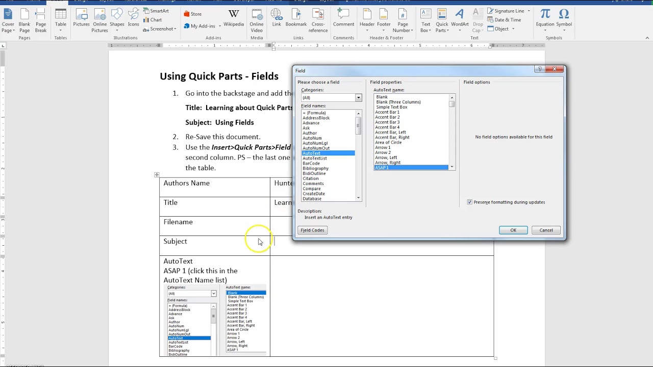 7 Quick Parts Inserting Fields