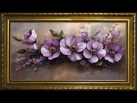 Purple Anemones Flower, Vintage Still Life Oil Painting | Gold Framed Art Screensaver for TV