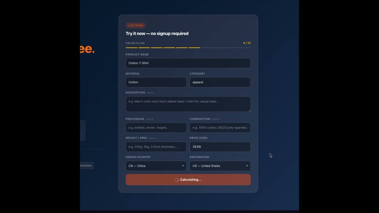 HS Code Classification Result — 6-Digit Code + Confidence