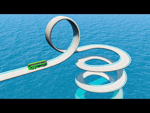 Impossible Loop Spiral Bridge Crossing Cars Vs Cliff and Deep Water - BeamNG.Drive