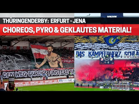 Rot-Weiß Erfurt - FC Carl Zeiss Jena: Choreografie + Pyro auf beiden Seiten & geklautes Fanmaterial!