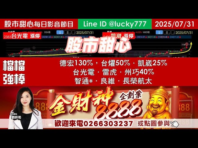 0731【甜心盤後影音】德宏130%，台燿50%，台光電．雷虎．州巧40%．凱崴25%，智通*．良維．長榮航太