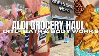 NEW! ALDI GROCERY HAUL & SHORT DAY IN THE LIFE - SMALL BATH AND BODY WORKS HAUL - FLOWERS & CANDLES