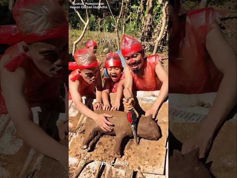 Ilustrasi Pemotongan Hewan Qurban Idul Adha Versi Baju Merah