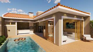 CASA PEQUENA E  MODERNA || ESTILO EDÍCULA EM L || PISCINA E AREA DE LAZER NA FRENTE !!!