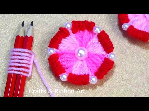 Easy Woolen Flower Making Ideas with Pencil - Hand Embroidery Flower Design - DIY Yarn Flowers
