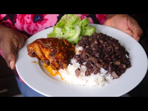 Brown Stew Chicken, Black Bean Stew and Rice