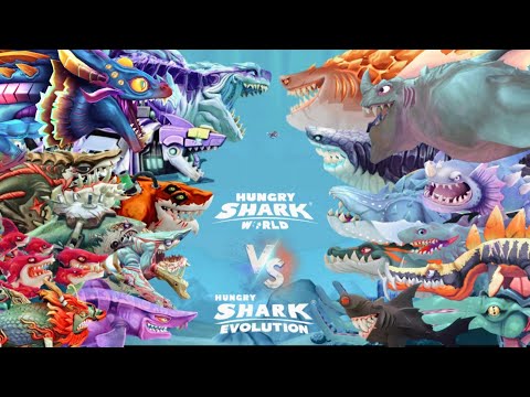 HUNGRY SHARK WORLD VS HUNGRY SHARK EVOLUTION - ALL 70 SHARKS ALL SKINS UNLOCKED (BEHMOTH 2022)