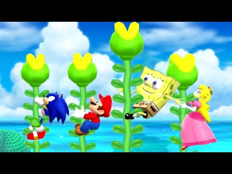 Mario Party 9 Minigames - SpongeBob vs Mario vs Sonic vs Peach