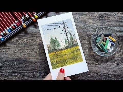 Polaroid Landscape Drawing with Soft Pastel #55/ Power Lines /Beginner Drawing