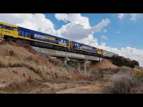 Pacific National's 7PX4 (NR56 - NR110) passes over the Great Eastern Highway at Carrabbin, WA.