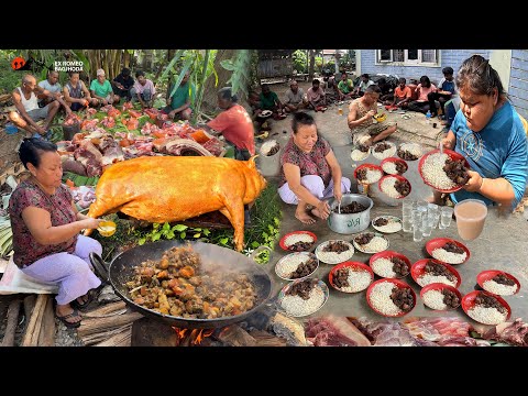 76Kg Local Pig Cutting in Village Traditional Way Local Pork Cutting Cooking & Eating with Villager