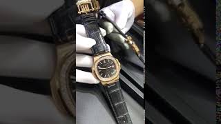 Patek Philippe Nautilus 18K Yellow Gold Bezel Diamond Leather Strap Black Dial Custom Made Watch