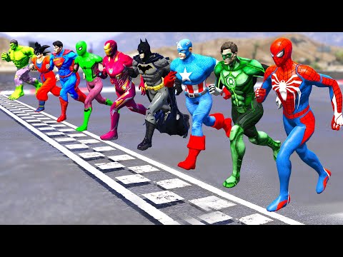 TEAM SPIDERMAN RACING Motorbikes Challenge, Team Superheroes Running Challenge On Sea Ramp - GTA 5
