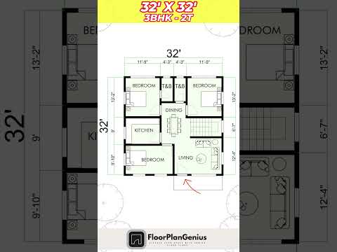 32x32 3 BEdroom ka makan, 32*32 House Plan,33 by 33 House #Housedesign #Dreamhome #shorts