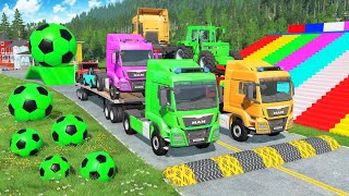 Flatbed Trailer McQueen Transportation with Truck - Speedbumps vs Cars vs Train - BeamNG.Drive #04