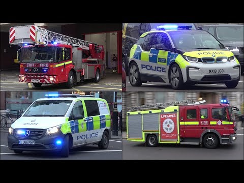 Fire engines, police cars and ambulances responding in London